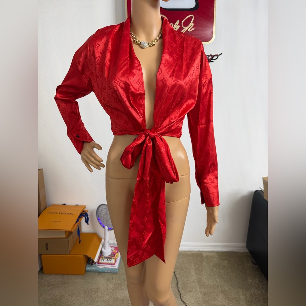 New! Red Long Sleeve LV Crop Top Style, Satin Like, Long Tie Blouse Shirt, Small